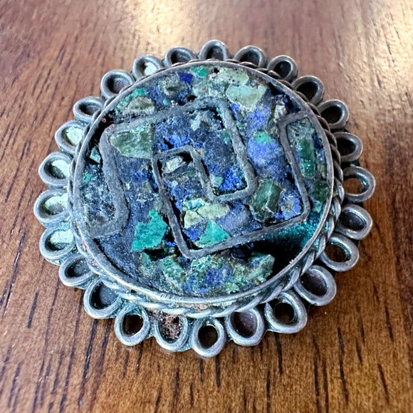 Vintage Taxco EVM Sterling Silver Brooch Pendant Crushed Turquoise Inlay c 1940s - Picture 13 of 13